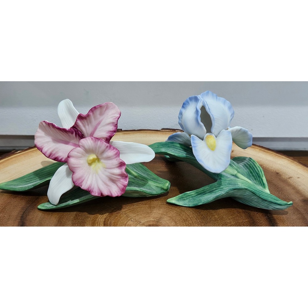 VTG H&G Porcelain Flower Victorian Romance Blue Iris Pink Orchid Set of 2 8853